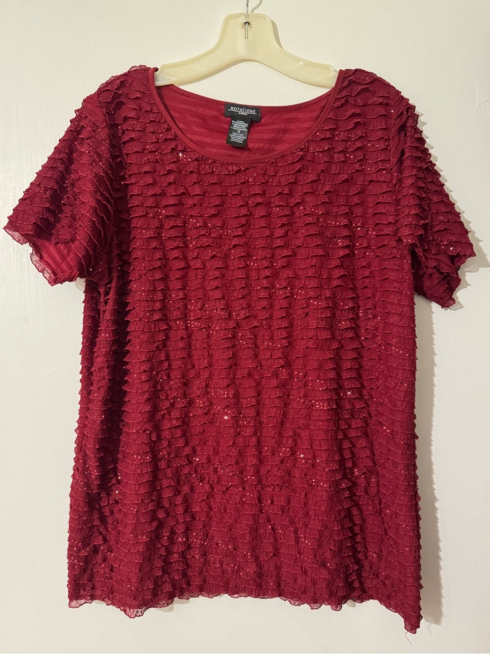Notations Ruffled Sequin Short-Sleeve Top - Burgundy